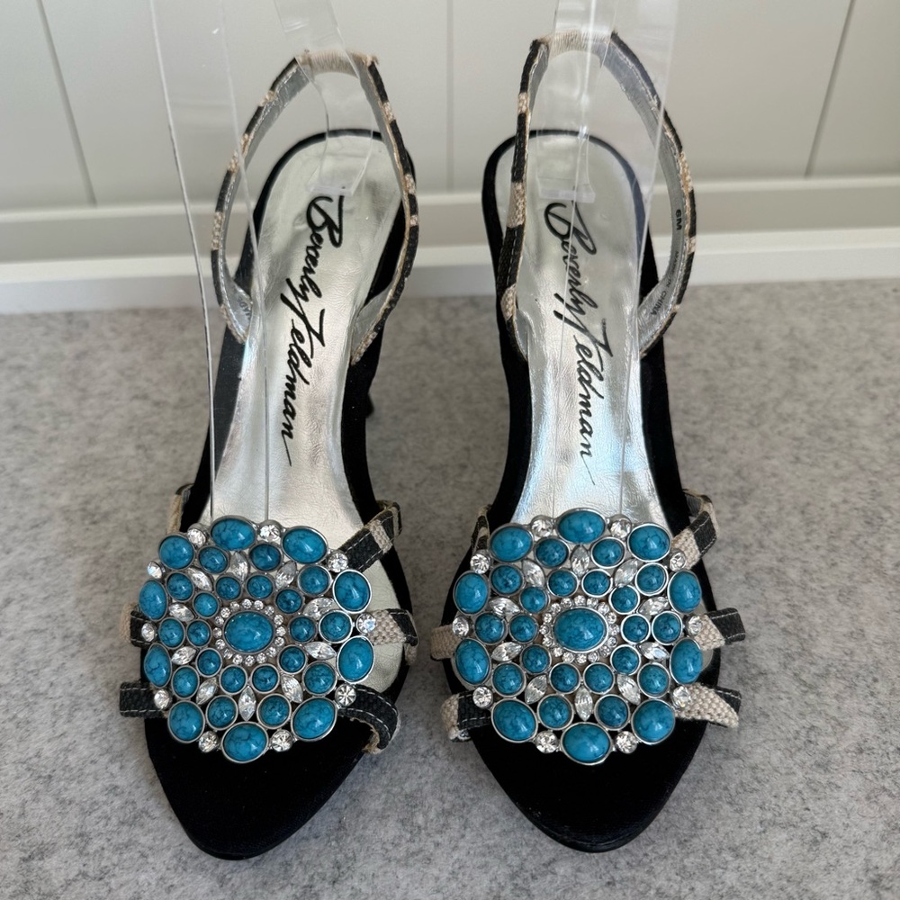 Beverly Feldman Chic Turquoise Embellished Slingback Heels Sz 6 Heeled Sandals - Picture 2 of 12